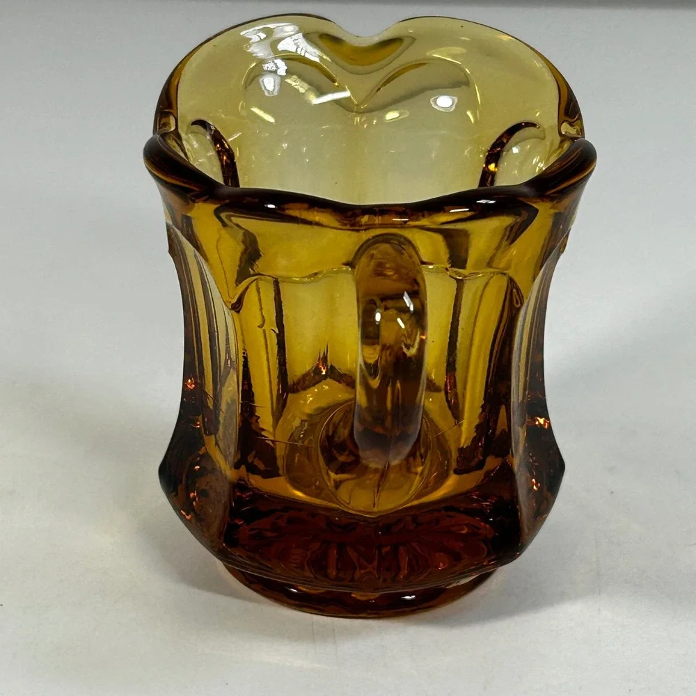 Vintage Amber Glass Creamer Paneled Scalloped Rim Small Pitcher Honey Gold‎